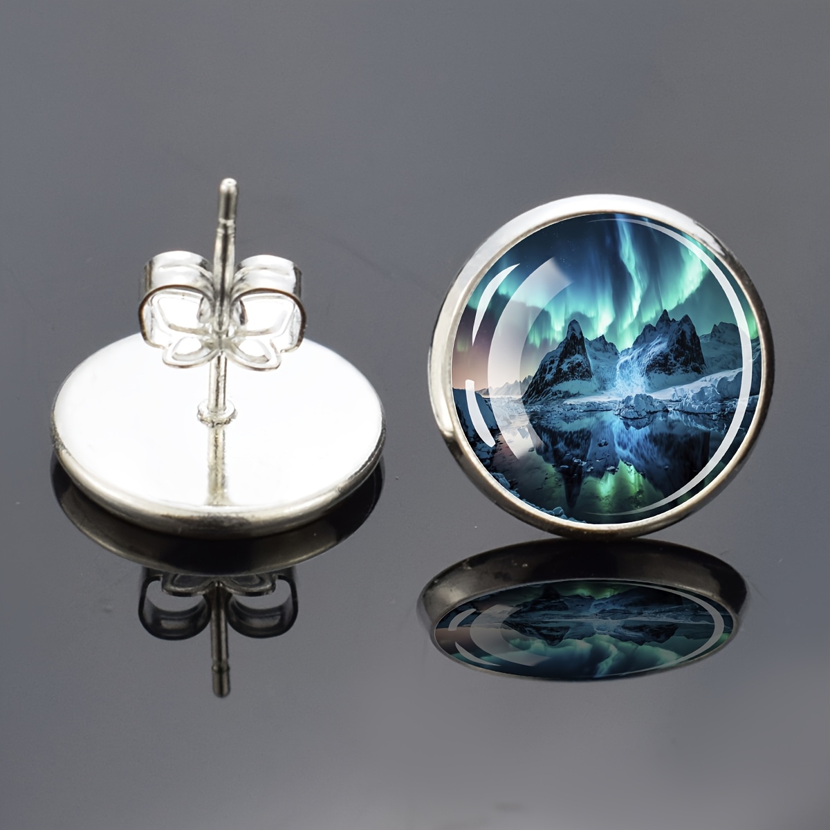 Aurora Borealis Mountain Landscape Stud Earrings, Elegant Gift